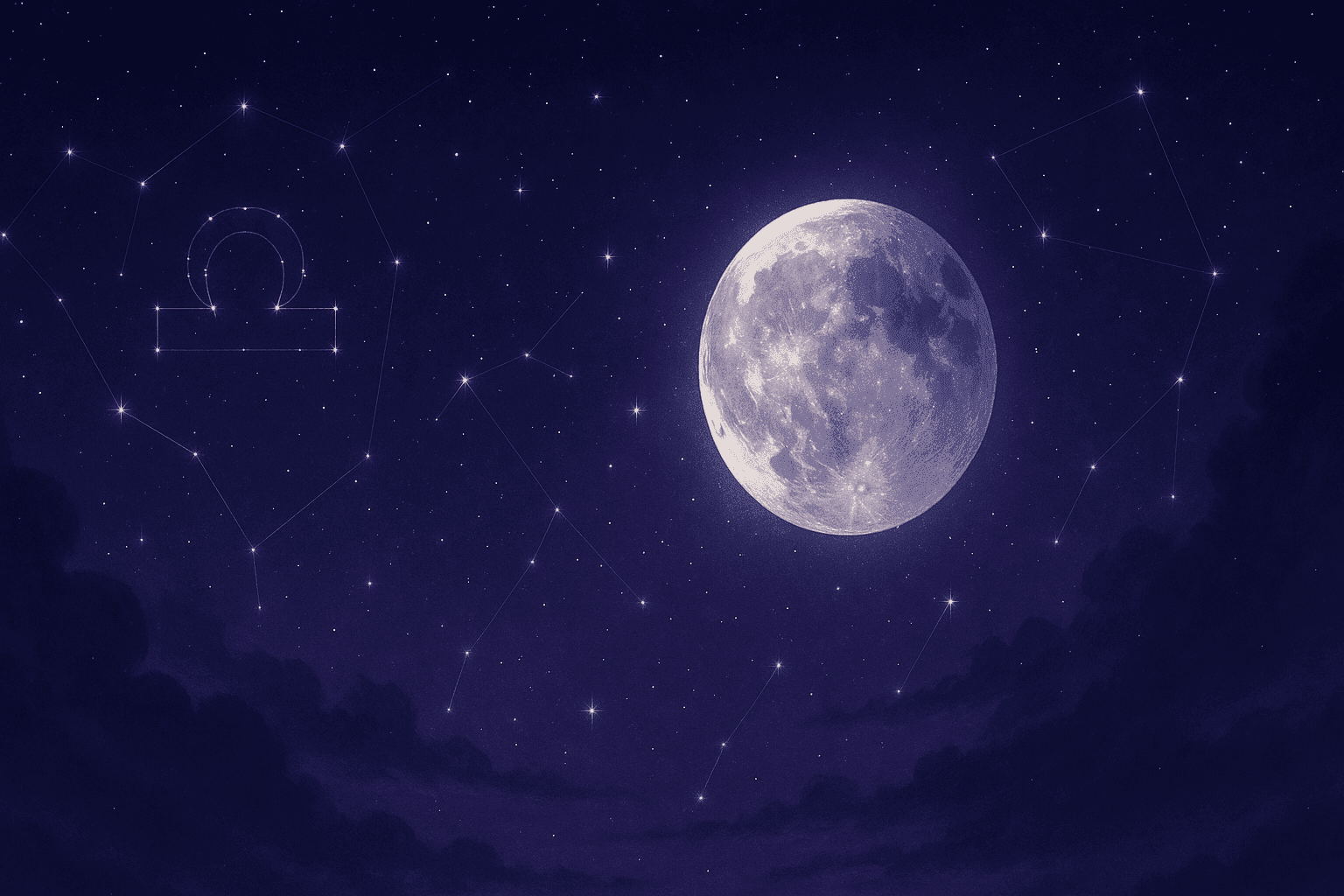 Atmospheric depiction of the Moon pausing mid-orbit with Libra glyphs for the April 2026 void of course schedule.